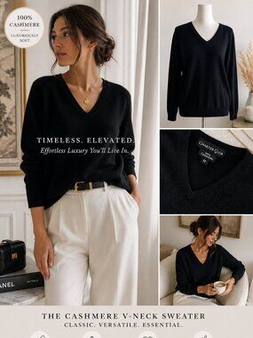 Womens Sweater Cashmere Luxury Women Vneck Sweater Black SZM Classic Old Money